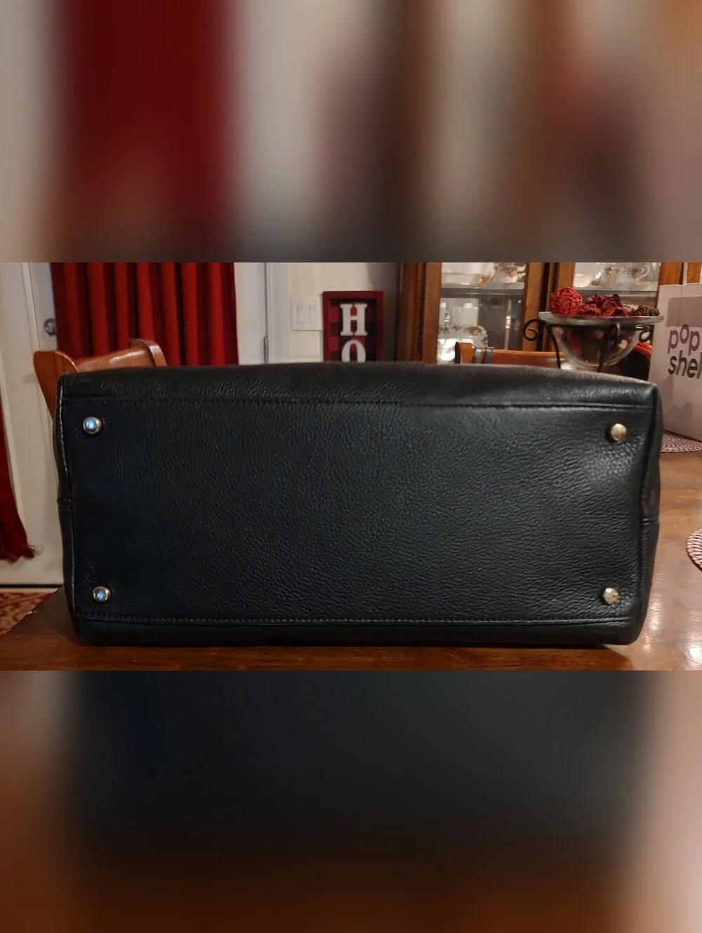 kate spade Black Leather Tote with Black-and-White Striped Handles